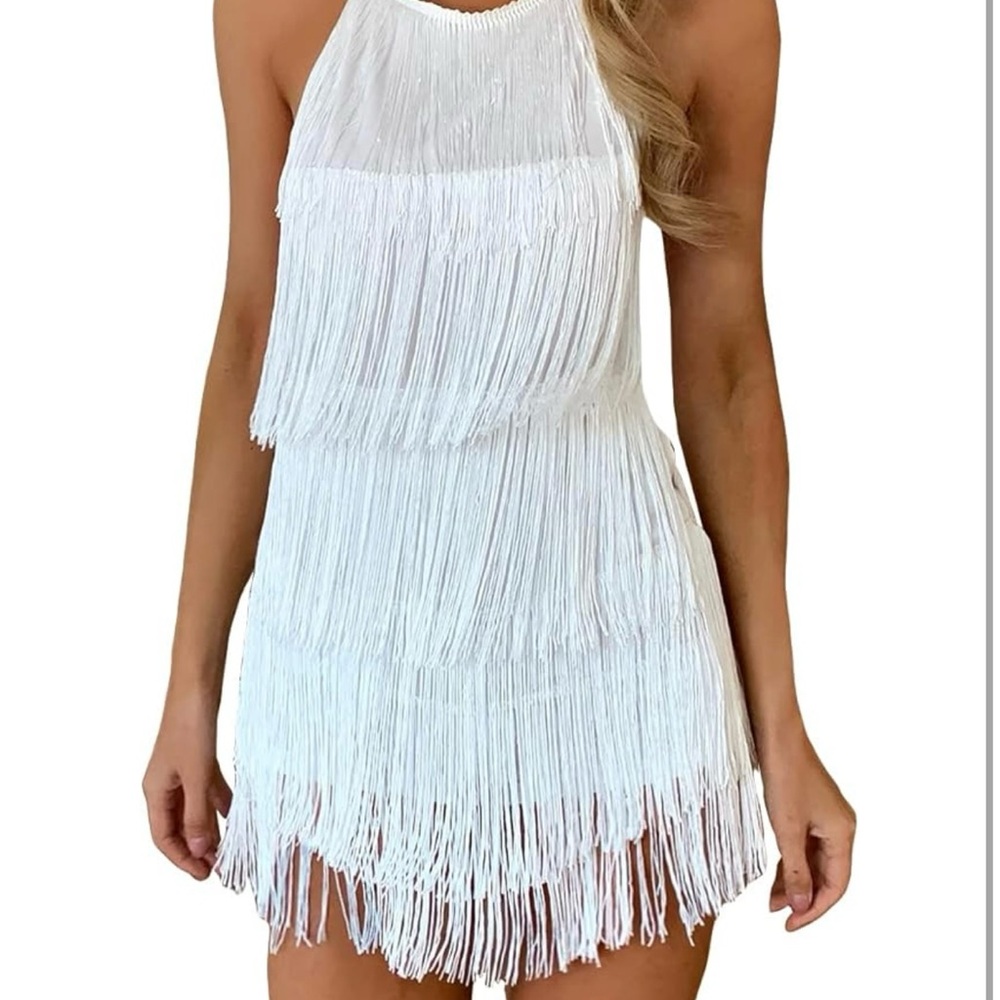 White Fringe Halter Romper, size XS